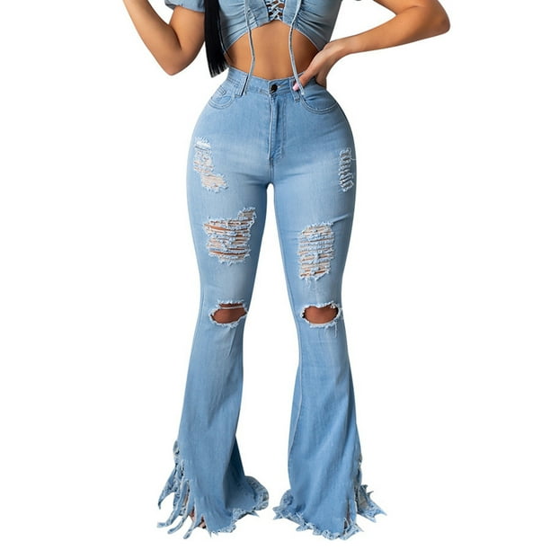 Plus Size Women High Waist Jeans Ripped Flared Denim Pant Ladies Casual Trouser 